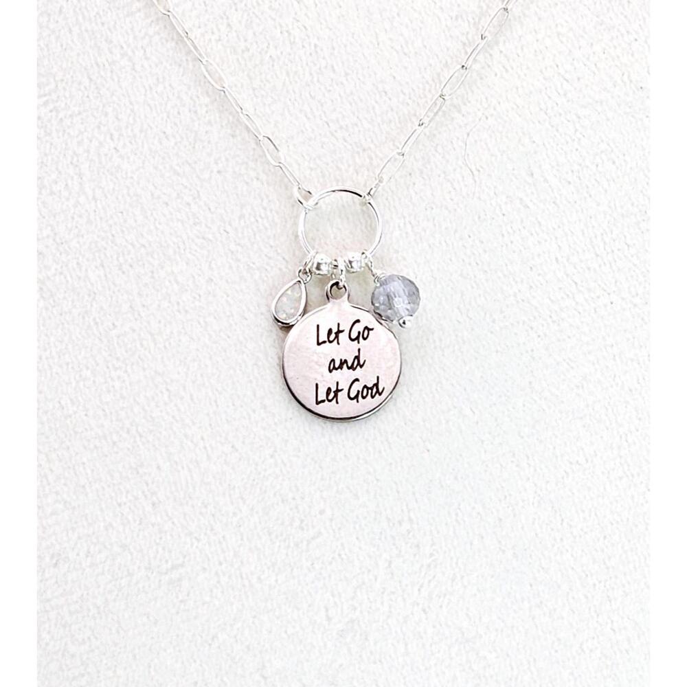 Handmade Sterling Silver Let Go Let God Necklace Pendant Opal Paperclip Dainty